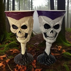 2 Easter Unlimited Skull‎ Goblets Skeleton Wine Halloween Bones Cup Glasses Vtg